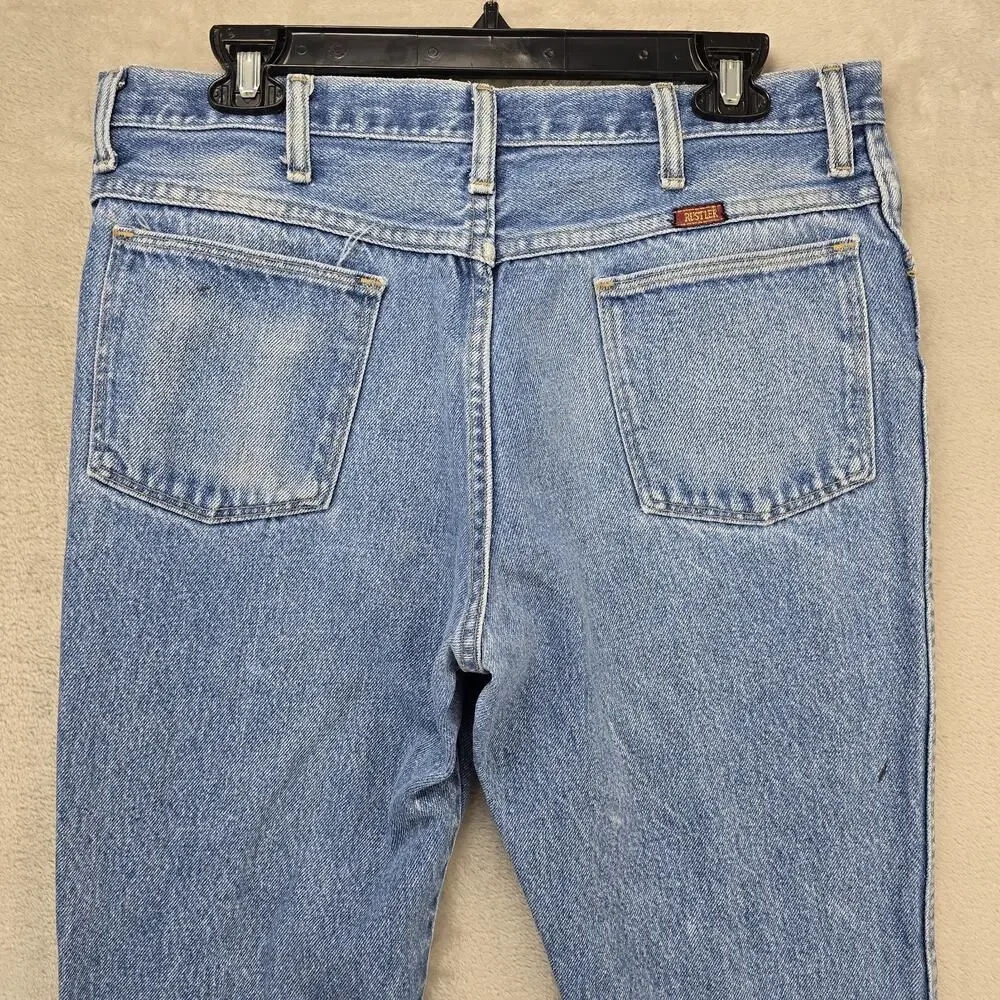 Vintage Rustler Jeans Mens Fits 32x26 Blue Faded Whiskers Denim Straight Leg USA